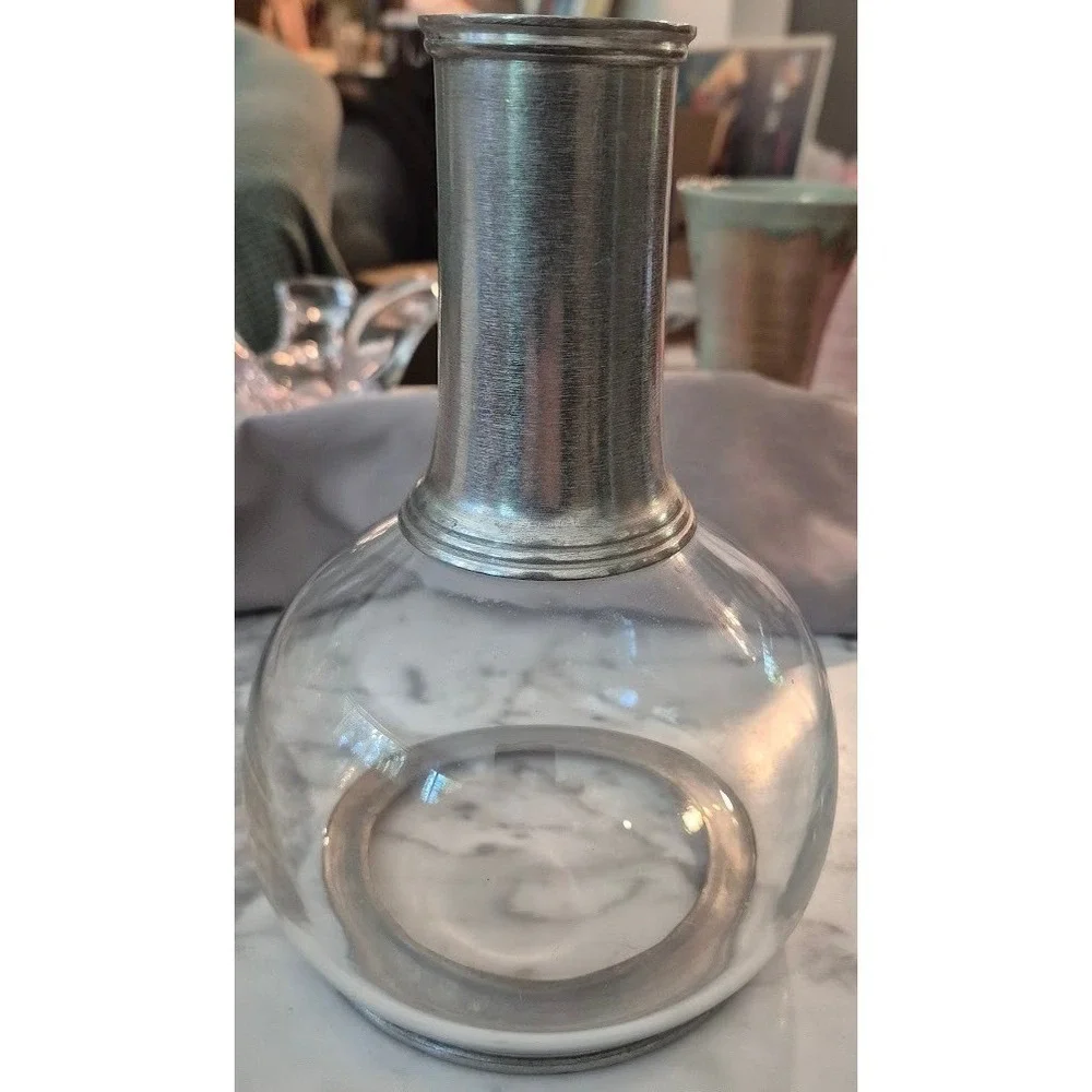 Danish MCM‑Style Glass Decanter Pewter Trim Round‎ Marked 95 – Excellent